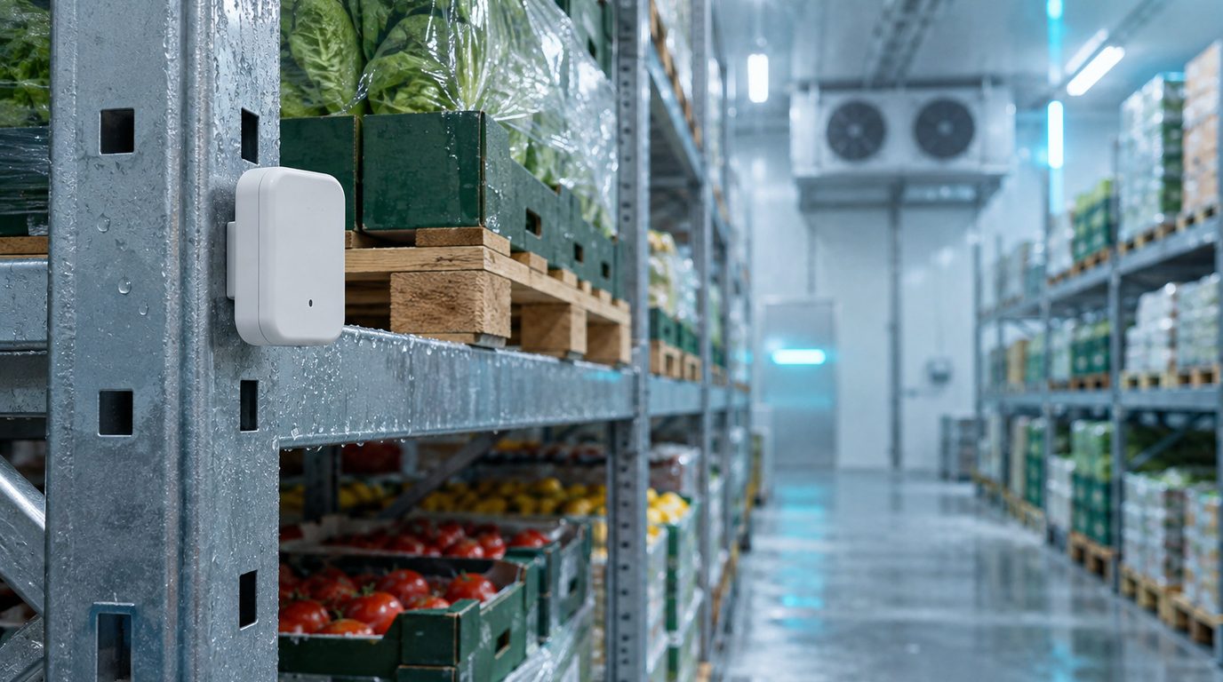 A commercial cold storage room with a small wireless temperature sensor on a shelf