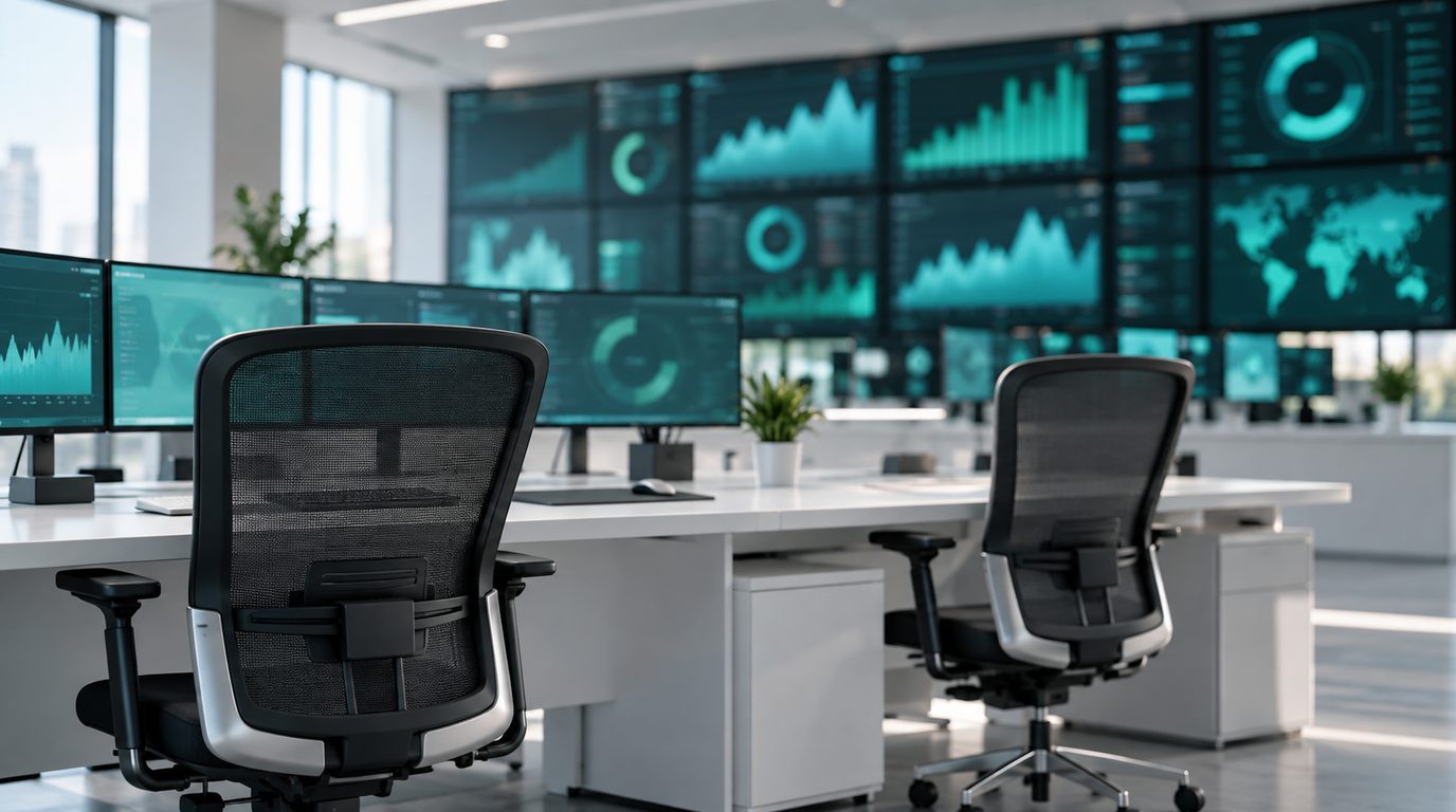 A bright operations control room with a wall of monitors showing abstract teal charts