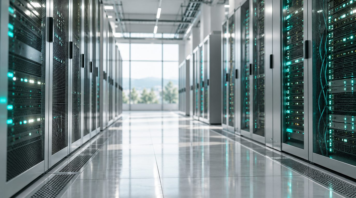 A quiet row of server racks with thin teal indicator lights