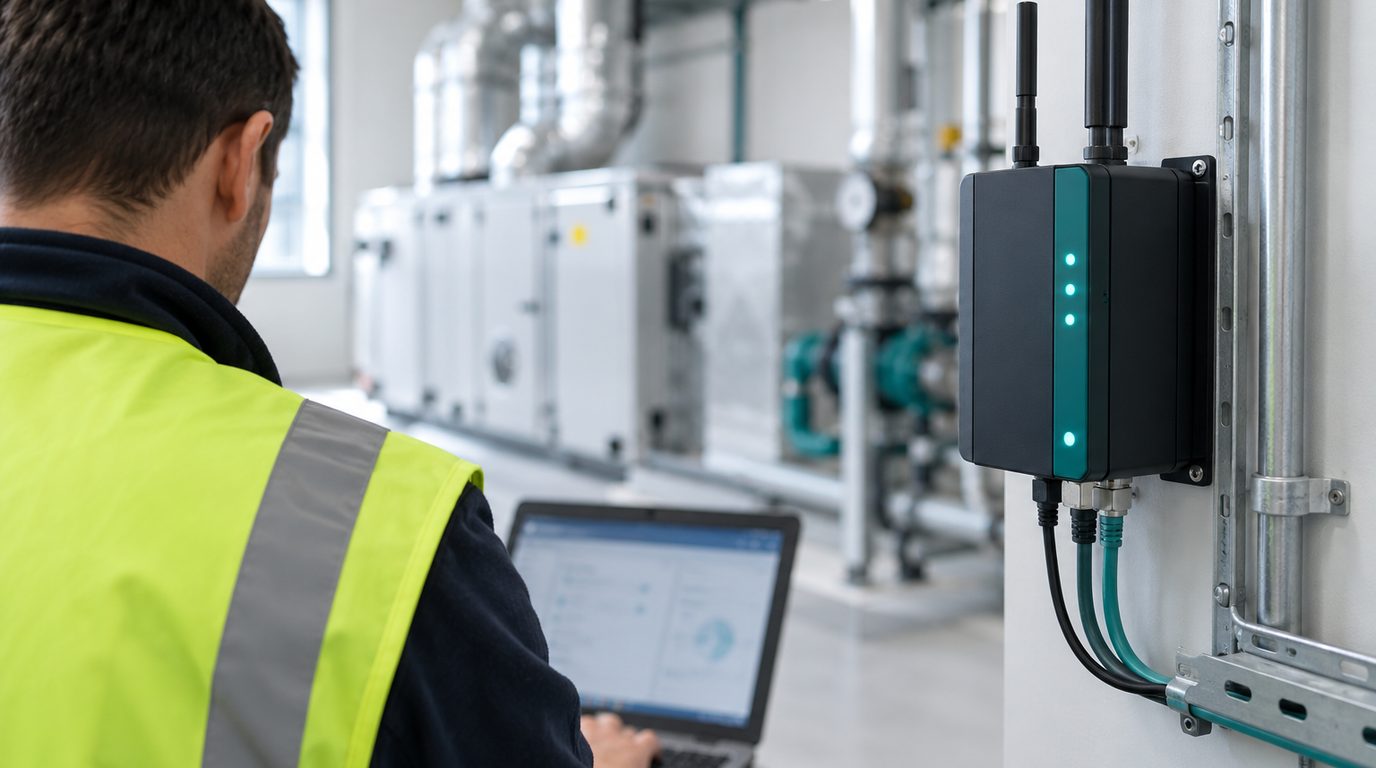 A technician commissioning an IoT gateway with a laptop in a building plant room