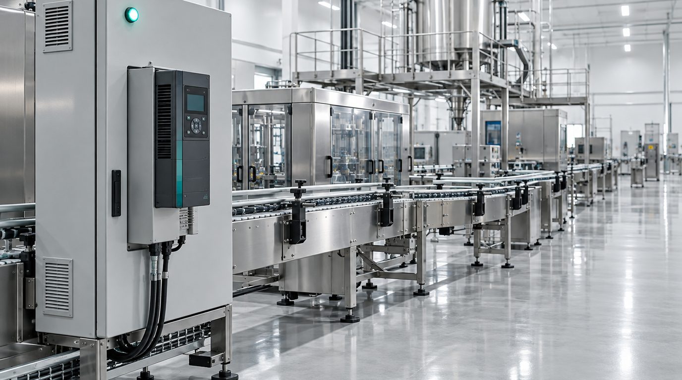 A clean factory production line with a drive cabinet and a small teal status light