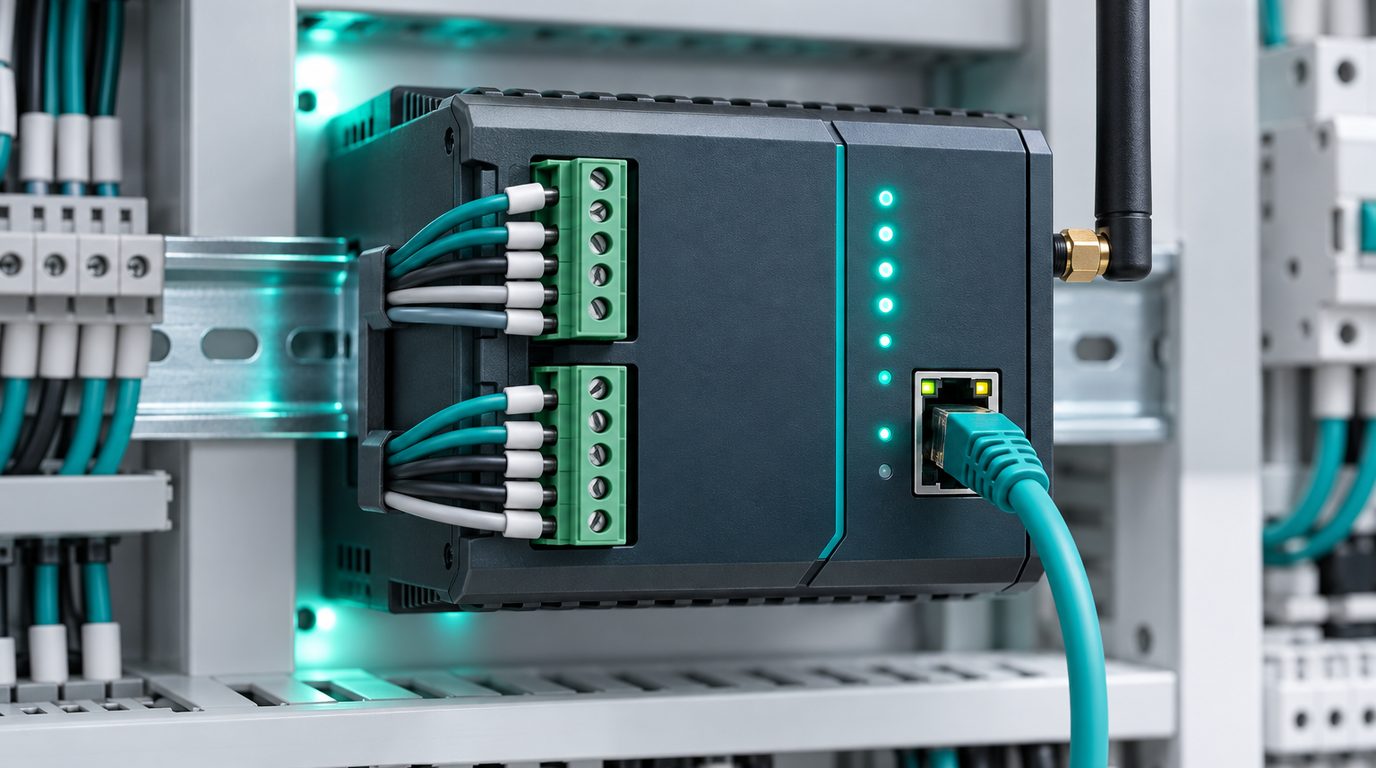 A DIN-rail IoT gateway with RS-485 terminals and an Ethernet cable inside a control cabinet