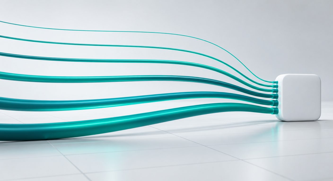 Six teal cables of different thicknesses converging into one small white hub